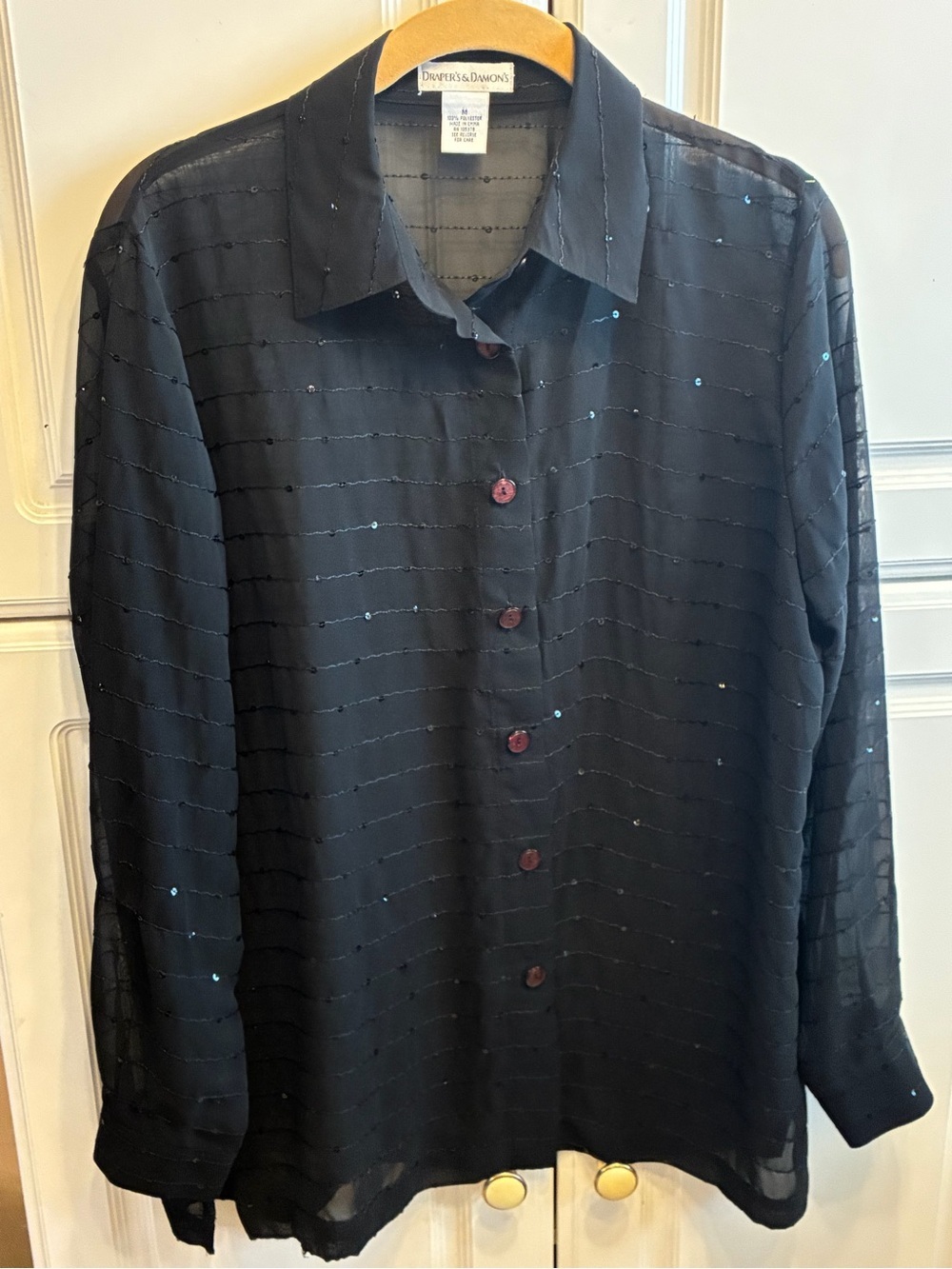 Draper's & Damon's Woman’s Black Sequin Stripe Button-Up Blouse, Size: M